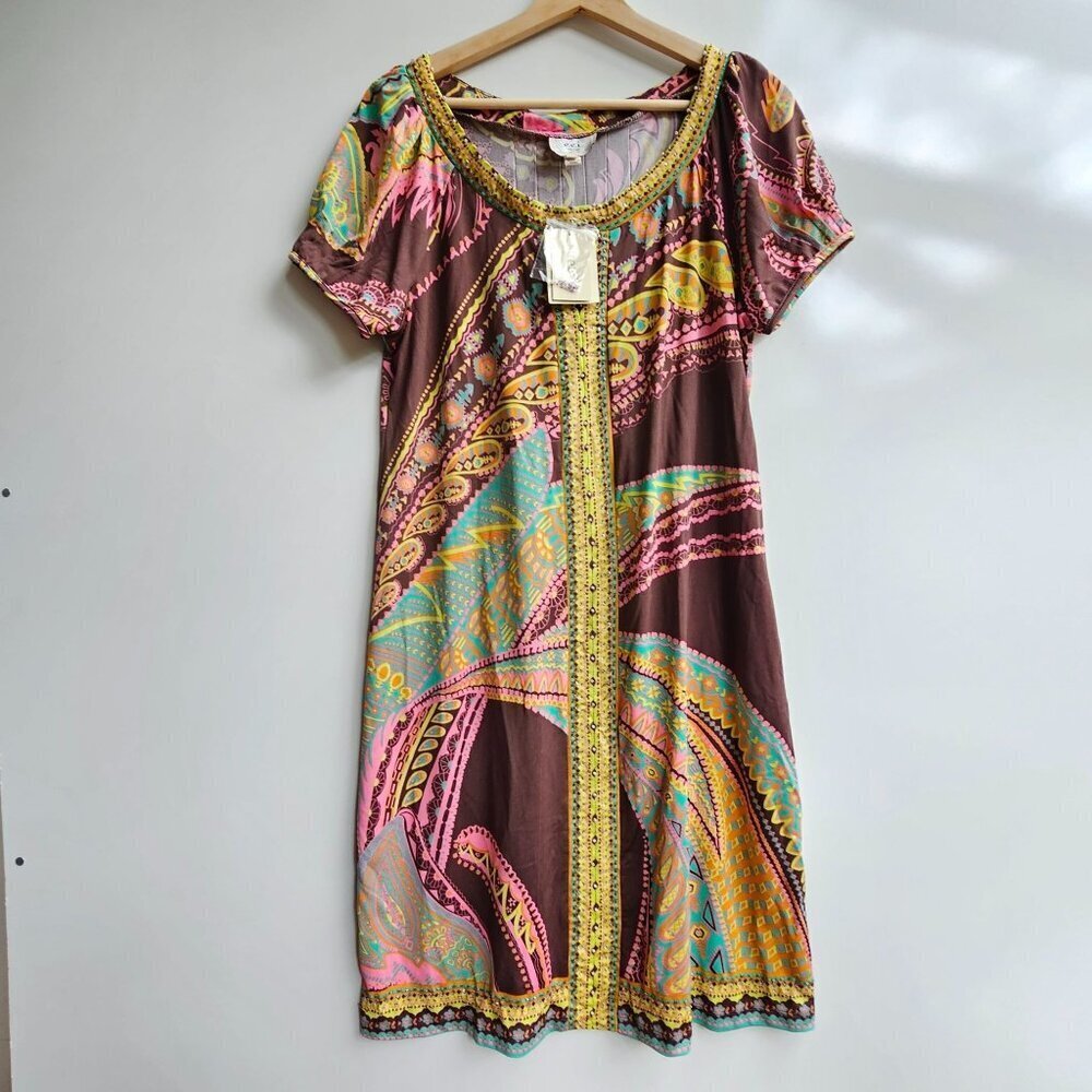NWT Eci New York Paisley Print Short Sleeve Dress, Boho Hippy, Size Medium